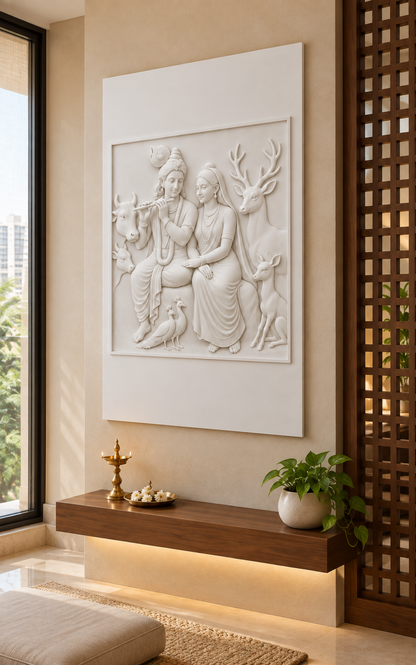 Woodland Radha Krishna satin white Corian wall panel right view in luxury Vile Parle Mumbai meditation nook with warm cream wall and walnut lattice partition