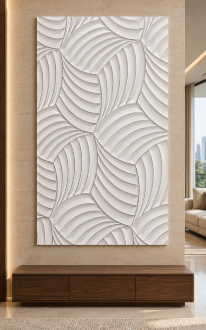 Woven Arc Fans Corian wall panel, front view in a Mumbai contemporary living room; AI-assisted concept visualisation
