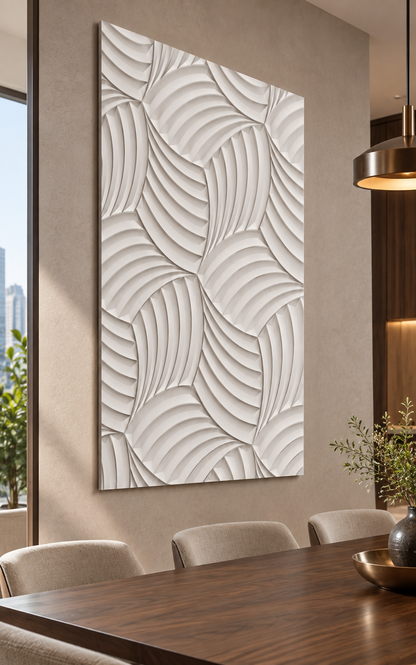Woven Arc Fans Corian wall panel, left view in a Mumbai dining room feature wall; AI-assisted concept visualisation