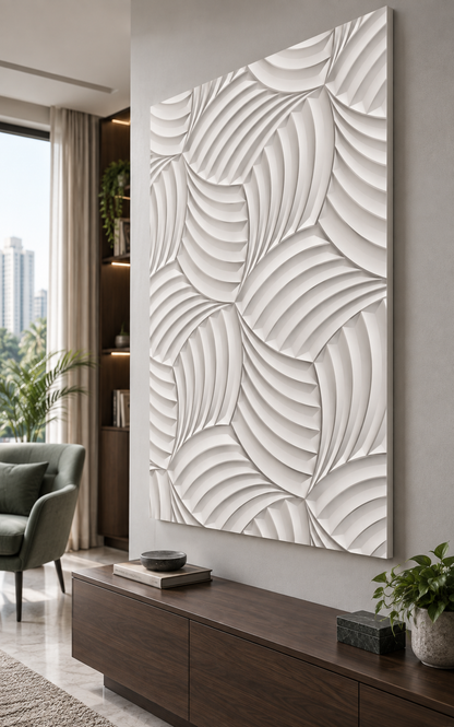 Woven Arc Fans Corian wall panel, right view in a Mumbai home office seating area; AI-assisted concept visualisation