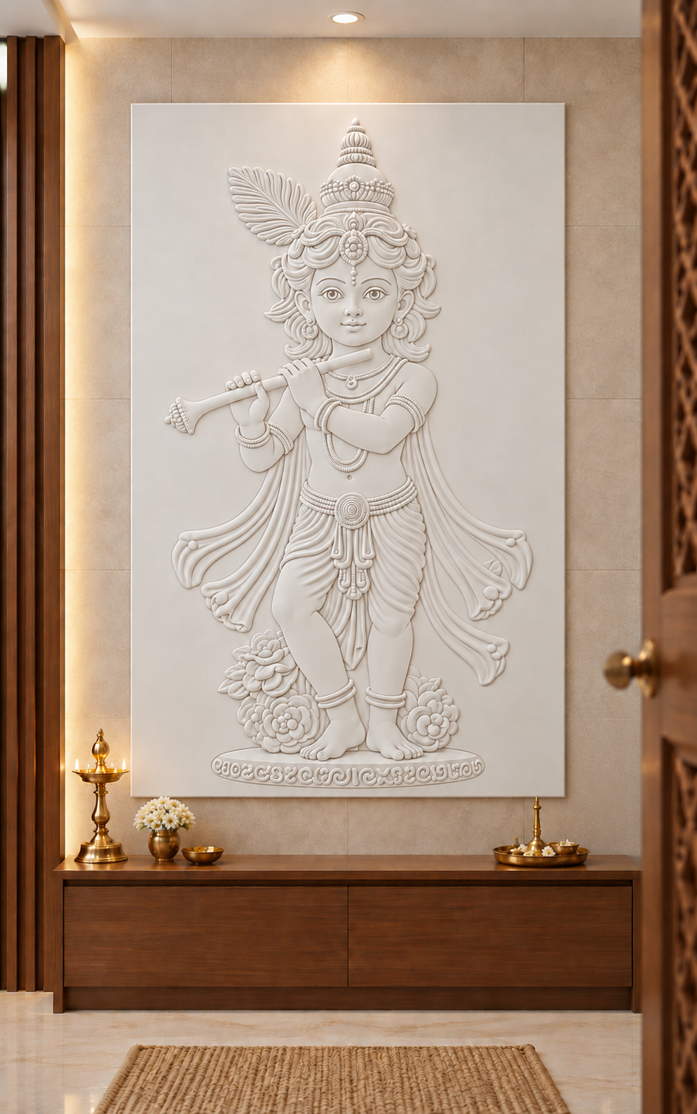 CWP-649 Young Krishna Flute Grace Corian Wall Panel, 2.5 ft wide x 4 ft high, front view in a Mumbai pooja niche; AI-assisted concept visualisation