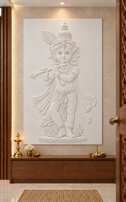 CWP-649 Young Krishna Flute Grace Corian Wall Panel, 2.5 ft wide x 4 ft high, front view in a Mumbai pooja niche; AI-assisted concept visualisation
