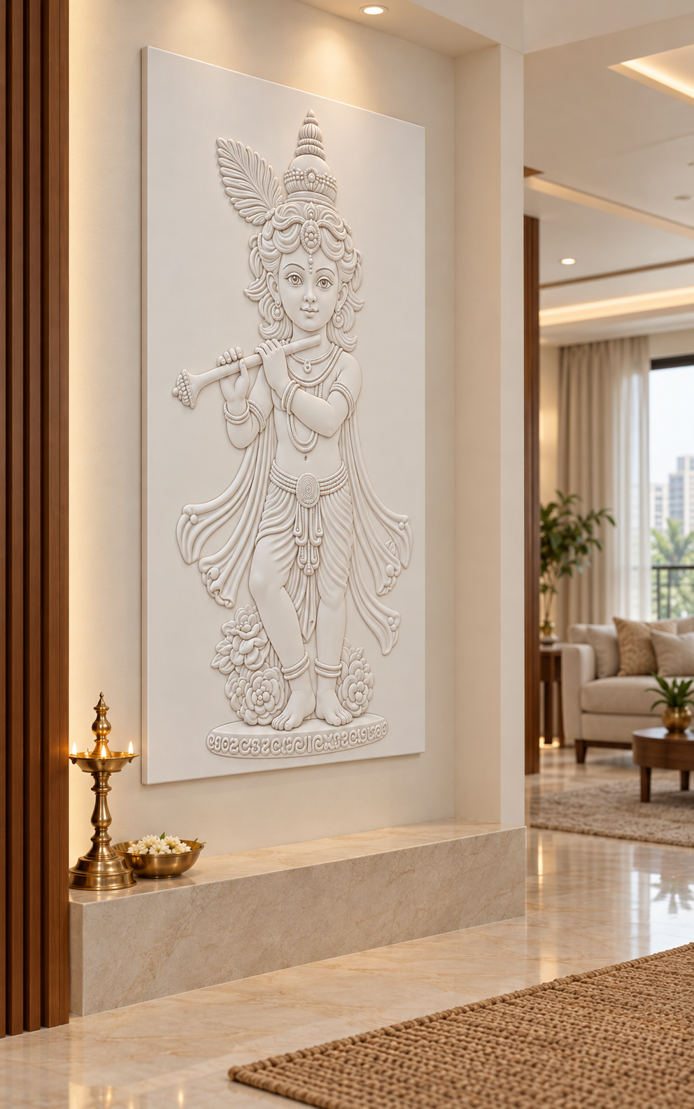 CWP-649 Young Krishna Flute Grace Corian Wall Panel, 2.5 ft wide x 4 ft high, left view in a Mumbai entry prayer alcove; AI-assisted concept visualisation