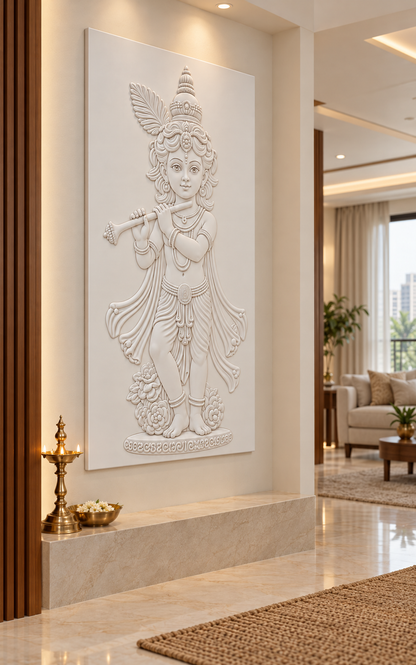 CWP-649 Young Krishna Flute Grace Corian Wall Panel, 2.5 ft wide x 4 ft high, left view in a Mumbai entry prayer alcove; AI-assisted concept visualisation
