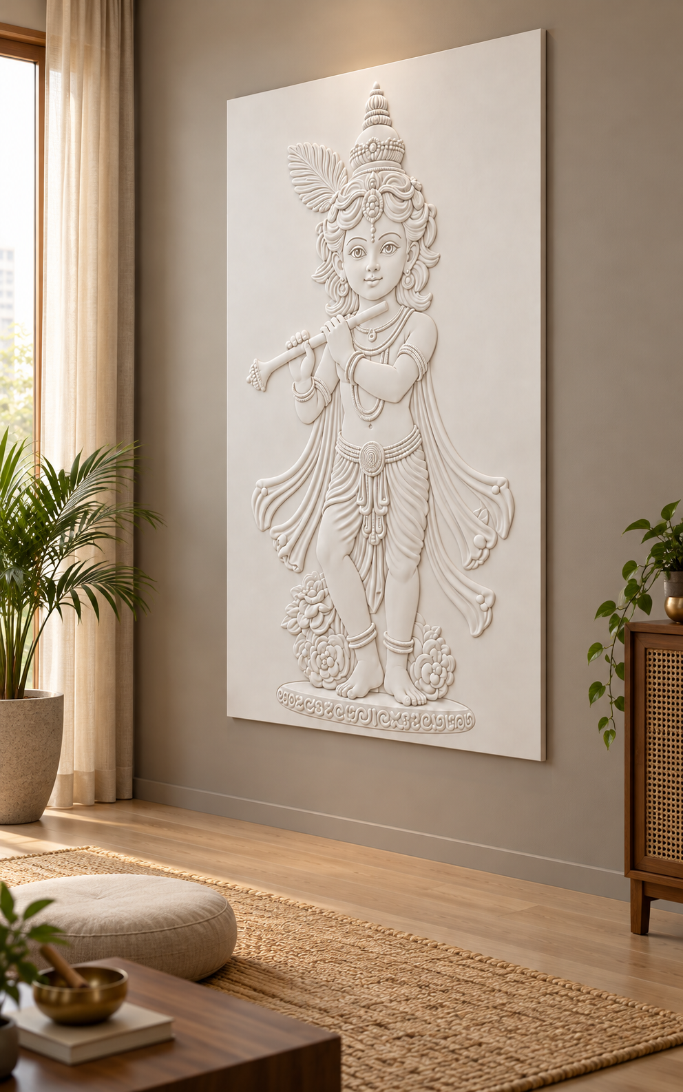 CWP-649 Young Krishna Flute Grace Corian Wall Panel, 2.5 ft wide x 4 ft high, right view in a Mumbai meditation room; AI-assisted concept visualisation